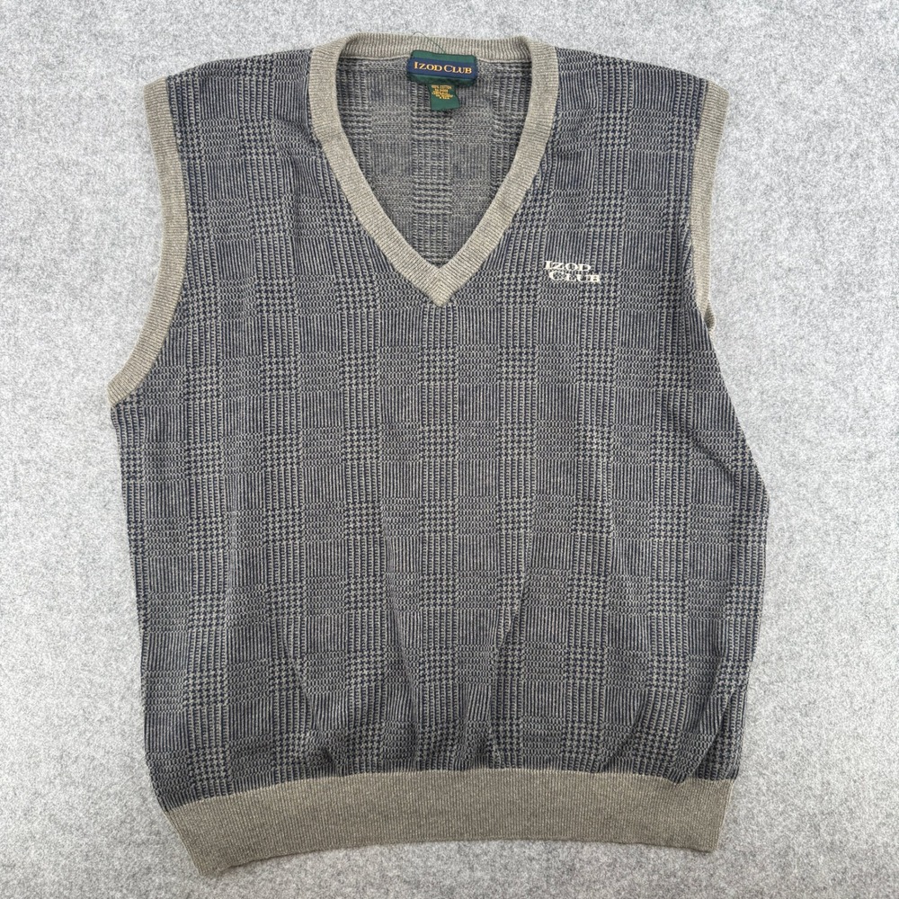 Izod Club Sweater Vest Mens L V-Neck Blue Gray Plaid Cotton EUC